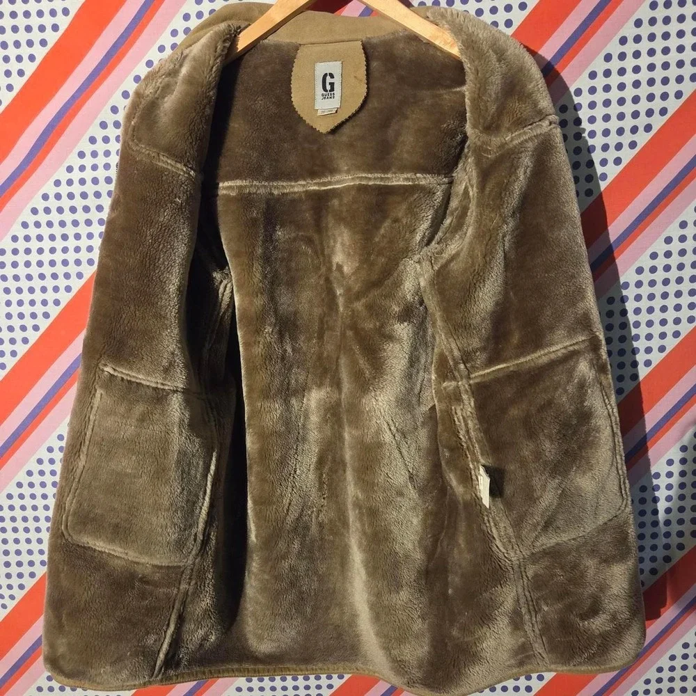 Vintage Guess Jeans 90s Suede Sherpa Lined Duffle Coat Tan Toggle Korea Mens